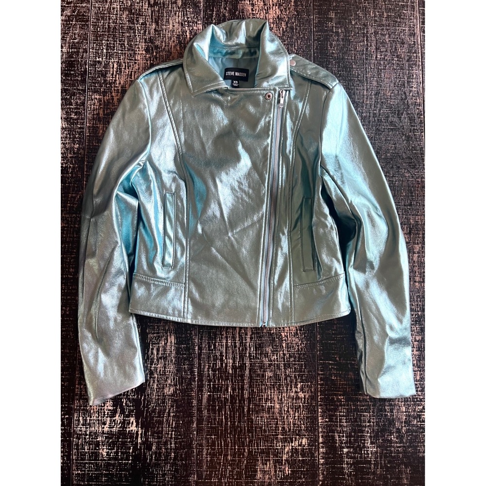 Steve Madden Metallic Faux Leather Moto Jacket Ice Blue Mint XS Cropped Biker - Picture 3 of 5